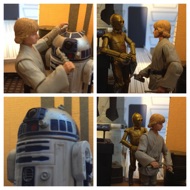 Luke excitedly jumps up and moves to Threepio.  LUKE: "You know of the Rebellion against the Empire?!?" THREEPIO: "That's how we came to be in your service, if you take my meaning, sir." Artoo lets out a cautionary whistle, asking his counterpart to not say too much. LUKE: "Have you been in many battles?" THREEPIO: "Several, I think..." #starwars #anhwt #starwarstoycrew #jbscrew #blackdeathcrew #starwarstoypix #toyshelf 
